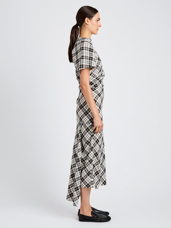 Proenza Schouler side image of model wearing Hallie Dress in Crinkled Plaid in bark multi
