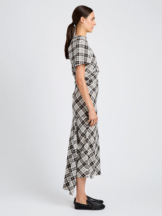 Proenza Schouler side image of model wearing Hallie Dress in Crinkled Plaid in bark multi