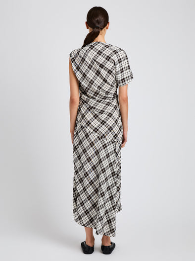 Proenza Schouler back image of model wearing Hallie Dress in Crinkled Plaid in bark multi