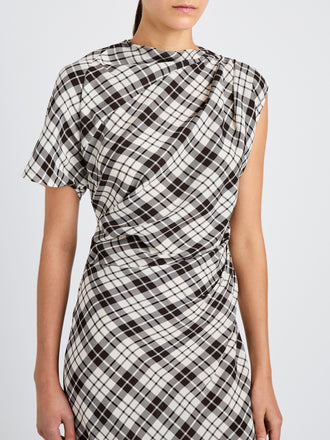 Proenza Schouler detail image of model wearing Hallie Dress in Crinkled Plaid in bark multi