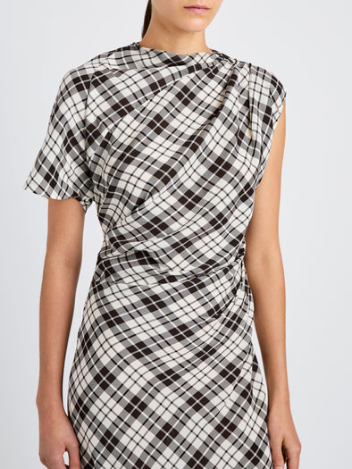 Proenza Schouler detail image of model wearing Hallie Dress in Crinkled Plaid in bark multi