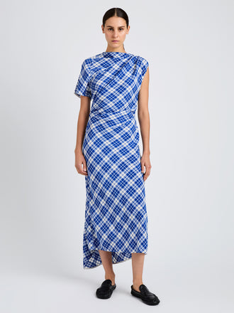 Proenza Schouler front image of model wearing Hallie Dress in Crinkled Plaid in cobalt multi