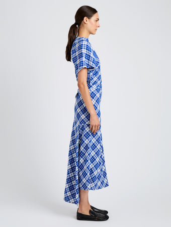 Proenza Schouler side image of model wearing Hallie Dress in Crinkled Plaid in cobalt multi