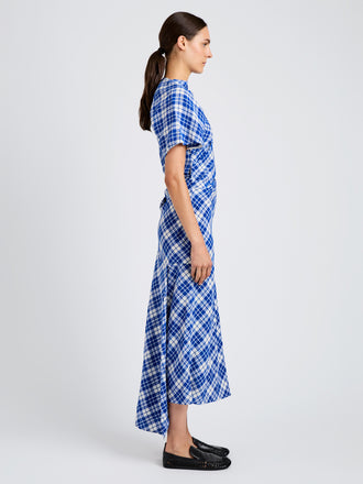 Proenza Schouler side image of model wearing Hallie Dress in Crinkled Plaid in cobalt multi
