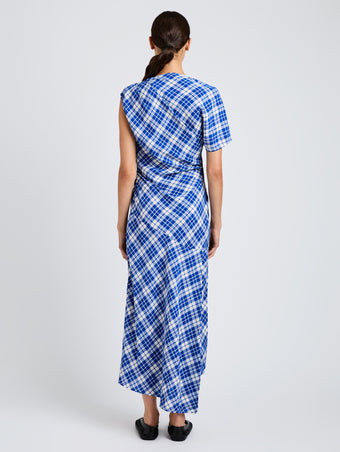 Proenza Schouler back image of model wearing Hallie Dress in Crinkled Plaid in cobalt multi
