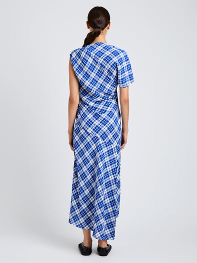 Proenza Schouler back image of model wearing Hallie Dress in Crinkled Plaid in cobalt multi
