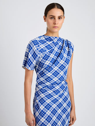 Proenza Schouler detail image of model wearing Hallie Dress in Crinkled Plaid in cobalt multi