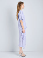 Proenza Schouler Full Length Side Image of model wearing Hansly Top in Memory Cotton in Wisteria