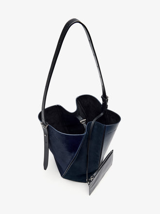 Proenza Schouler Still Life image of Aerial View of Hex Bucket Bag in Haircalf Combo in Deep Navy