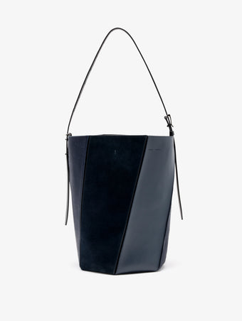 Proenza Schouler Still Life image of Front View of Hex Bucket Bag in Haircalf Combo in Deep Navy