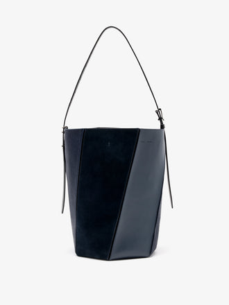 Proenza Schouler Still Life image of Front View of Hex Bucket Bag in Haircalf Combo in Deep Navy