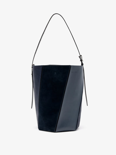 Proenza Schouler Still Life image of Front View of Hex Bucket Bag in Haircalf Combo in Deep Navy