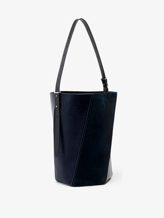 Proenza Schouler Still Life image of Side View of Hex Bucket Bag in Haircalf Combo in Deep Navy