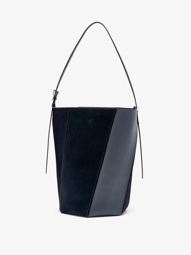 Proenza Schouler Still Life image of Back View of Hex Bucket Bag in Haircalf Combo in Deep Navy