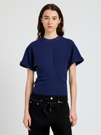 Proenza Schouler Front cropped image of model wearing the Hilda Tshirt in Eco Jersey in Navy