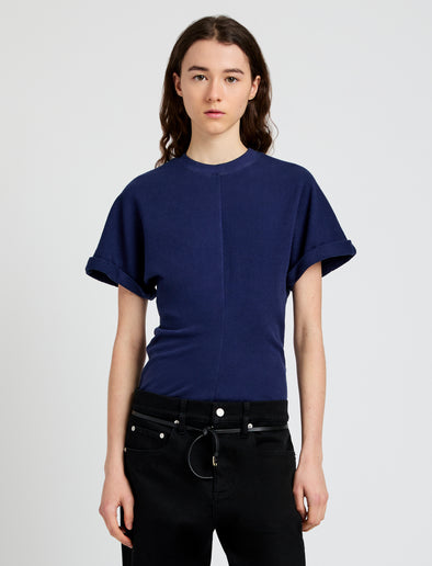 Proenza Schouler Front cropped image of model wearing the Hilda Tshirt in Eco Jersey in Navy