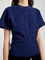 Proenza Schouler Detail image of model wearing the Hilda TShirt in Eco Jersey in Navy 
