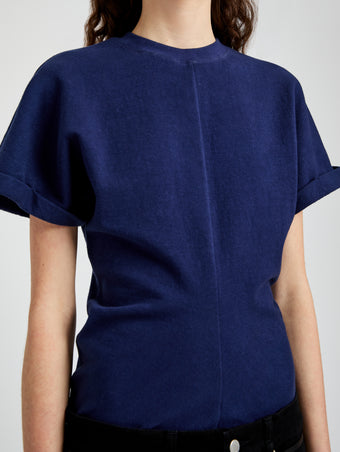 Proenza Schouler Detail image of model wearing the Hilda TShirt in Eco Jersey in Navy 