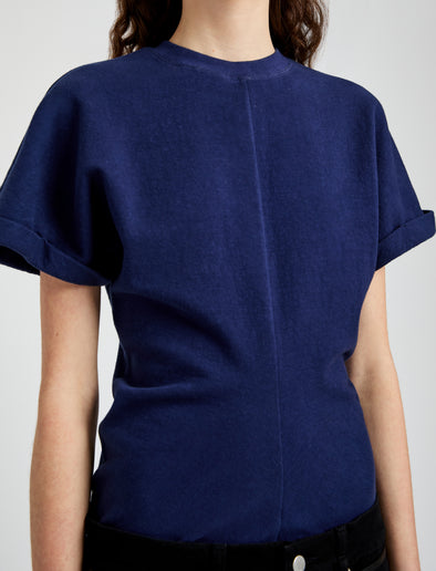 Proenza Schouler Detail image of model wearing the Hilda TShirt in Eco Jersey in Navy 