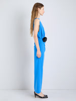 Proenza Schouler Side full length image of model wearing Indria Dress In Matte Double Crepe in New Blue