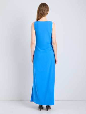 Proenza Schouler Back full length image of model wearing Indria Dress In Matte Double Crepe in New Blue