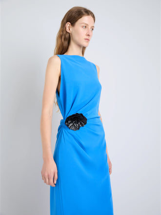 Proenza Schouler Detail image of model wearing Indria Dress In Matte Double Crepe in New Blue