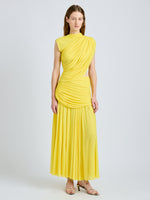 Proenza Schouler Front full length image of model wearing Irma Dress in Gauzy Jersey in Yellow