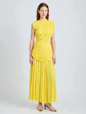 Proenza Schouler Front full length image of model wearing Irma Dress in Gauzy Jersey in Yellow