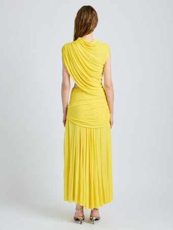 Proenza Schouler Back full length image of model wearing Irma Dress in Gauzy Jersey in Yellow