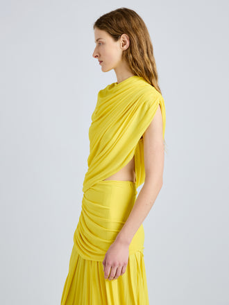 Proenza Schouler Detail image of model wearing Irma Dress in Gauzy Jersey in Yellow