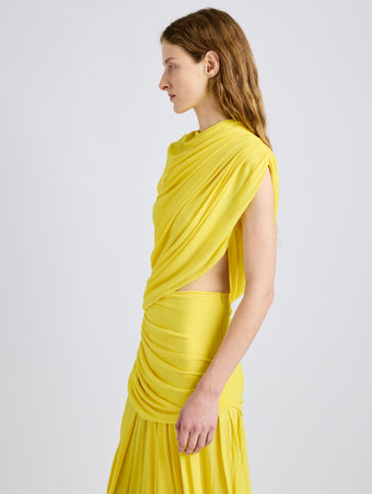 Proenza Schouler Detail image of model wearing Irma Dress in Gauzy Jersey in Yellow