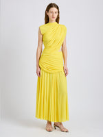 Proenza Schouler Front full length image of model wearing Irma Dress in Gauzy Jersey in Yellow