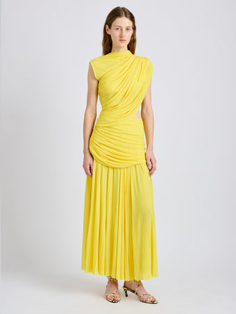Proenza Schouler Front full length image of model wearing Irma Dress in Gauzy Jersey in Yellow
