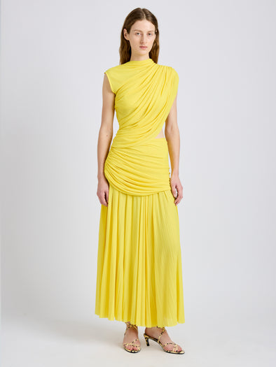 Proenza Schouler Front full length image of model wearing Irma Dress in Gauzy Jersey in Yellow