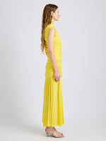 Proenza Schouler Side full length image of model wearing Irma Dress in Gauzy Jersey in Yellow