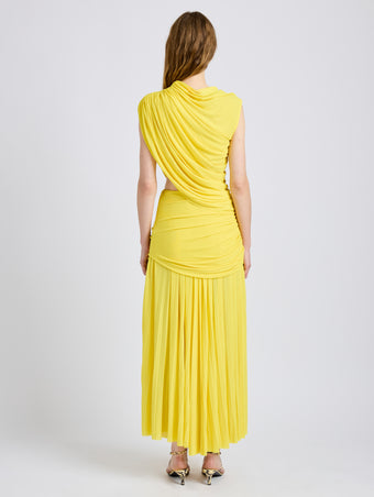 Proenza Schouler Back full length image of model wearing Irma Dress in Gauzy Jersey in Yellow