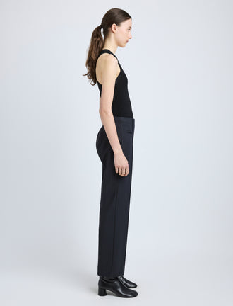 Proenza Schouler Side full length image of model wearing Isadora Pant in Stretch Tailoring in INK CHECK