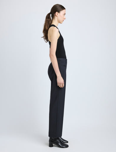 Proenza Schouler Side full length image of model wearing Isadora Pant in Stretch Tailoring in INK CHECK