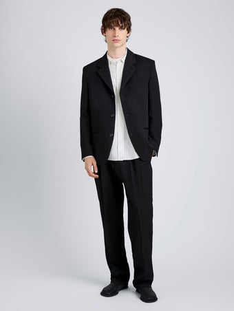 Proenza Schouler Front full length image of model wearing James Jacket in Wool Suiting in Black
