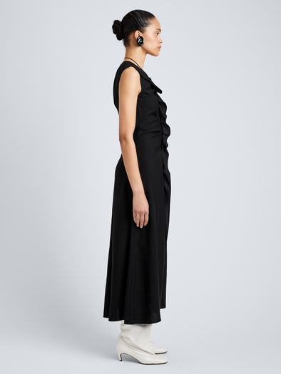 Proenza Schouler Full Length Side Image of model wearing Jaya Dress in Jacquard Flou in Black