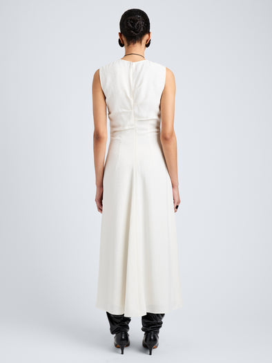 Proenza Schouler Full Length Back Image of model wearing Jaya Dress in Jacquard Flou in Off White