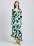 Proenza Schouler Front full length image of model wearing Joelle Skirt in Printed Silk Viscose in Dark Green Multi