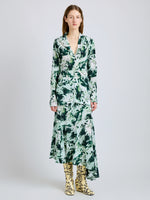 Proenza Schouler Front full length image of model wearing Joelle Skirt in Printed Silk Viscose in Dark Green Multi