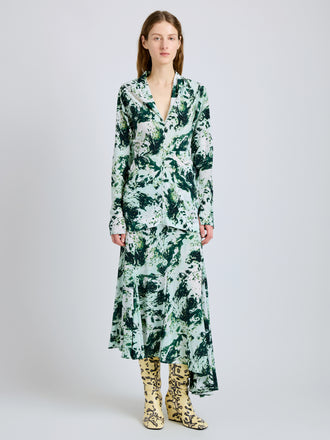 Proenza Schouler Front full length image of model wearing Joelle Skirt in Printed Silk Viscose in Dark Green Multi