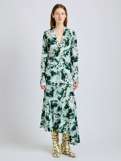 Proenza Schouler Front full length image of model wearing Joelle Skirt in Printed Silk Viscose in Dark Green Multi