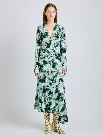 Proenza Schouler Front full length image of model wearing Adela Top in Printed Silk Viscose in Dark Green Multi