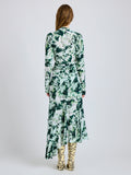 Proenza Schouler Side full length image of model wearing Joelle Skirt in Printed Silk Viscose in Dark Green Multi