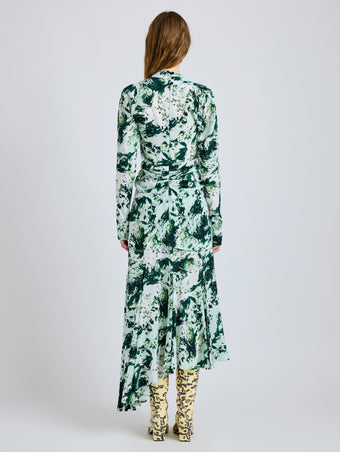 Proenza Schouler Back full length image of model wearing Adela Top in Printed Silk Viscose in Dark Green Multi