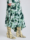 Proenza Schouler Detail image of model wearing Joelle Skirt in Printed Silk Viscose in Dark Green Multi