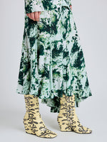 Proenza Schouler Detail image of model wearing Joelle Skirt in Printed Silk Viscose in Dark Green Multi